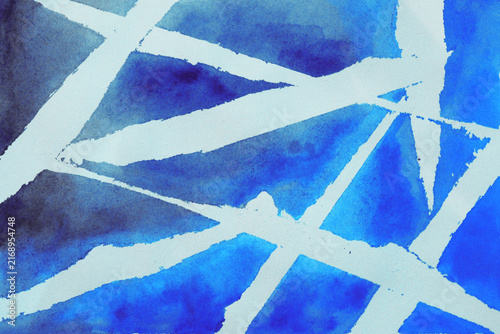 Abstract blue watercolor texture featuring bold irregular white geometric lines and shapes. Rich blue tones, soft pigment variations, and hand-painted edges create a dynamic artistic surface suitable