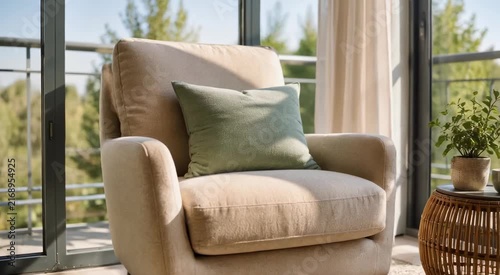 Sunlit cozy beige armchair with green pillow beside a rattan side table and potted plants by floor-to-ceiling windows overlooking a balcony
