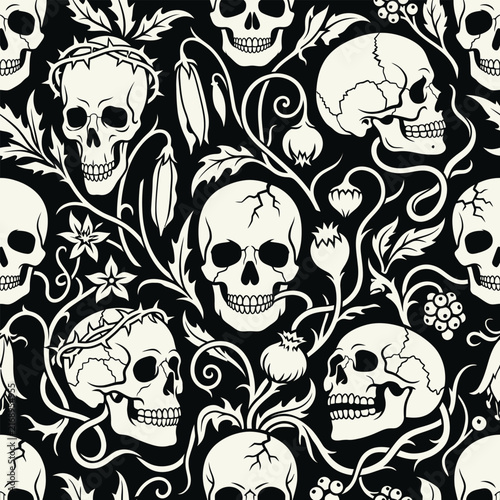 Macabre seamless pattern with white human skulls and dark floral vines on black background dark art creepy design texture