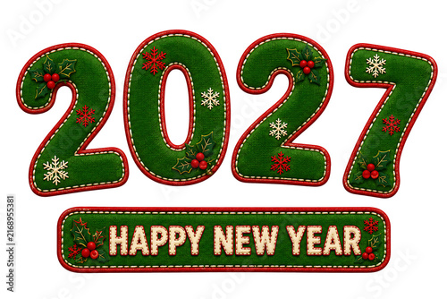 2027 Happy New Year festive typography with green holiday numbers, holly leaves and snowflakes isolated on transparent background