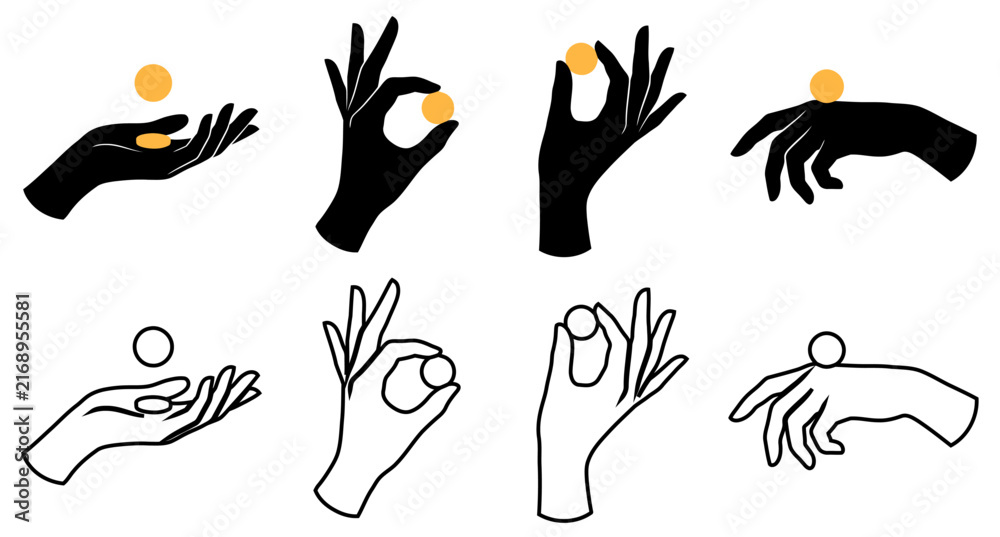 Obraz premium Set of mystical hand gestures with glowing golden spheres in black silhouette and white line art styles