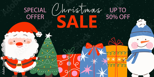Christmas sale banner with Santa Claus and a decorated Christmas tree. A bright, festive illustration for seasonal sales and discount promotions.