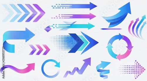 Colorful set of gradient arrow icons in blue, purple and teal showing direction, motion, loops, chevrons and progress for modern design and infographics