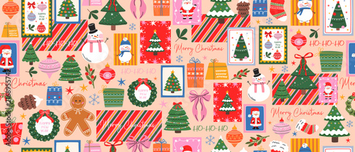 Festive Christmas and New Year pattern with a decorated tree, Santa Claus, a snowman, a gift, and tree paraphernalia. Christmas clip art. Winter concept.