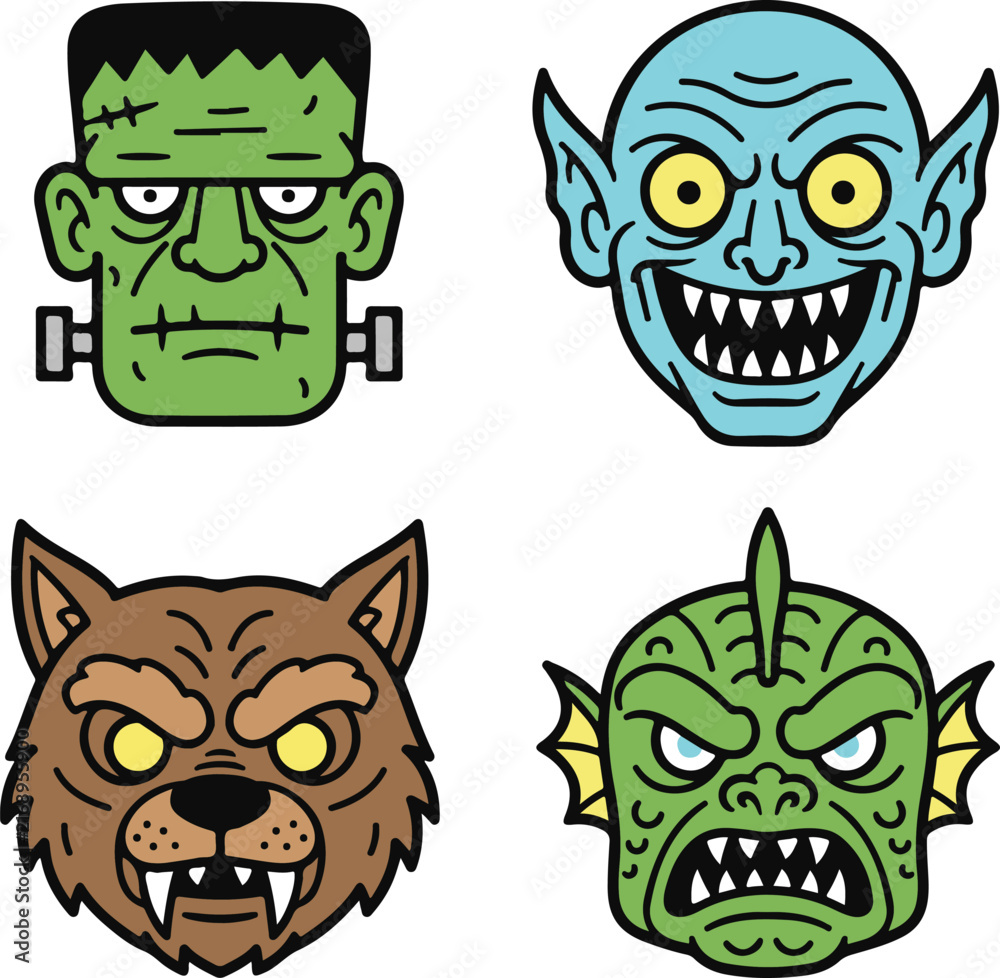 Obraz premium Classic Halloween Monster Head Icons Featuring Frankenstein, Vampire, Werewolf and Swamp Creature in Bold Retro Cartoon Style Vector Illustration 