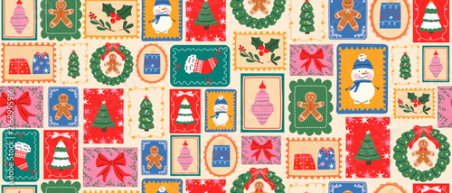 Festive Christmas pattern with illustrations. Christmas postage stamps. Winter festive seamless pattern with Christmas elements.