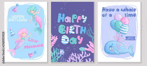 A set of children's greeting cards with cute sea animals, in the underwater style. A whale with balloons, little mermaids. Handwritten inscription. Vector illustration for postcards and posters.