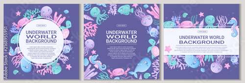A set of colorful backgrounds with cute cartoon sea animals. Whale, jellyfish, octopus, fish, seahorse, turtle, crab, star. Children's vector illustration for the design of posters, flyers, invitation