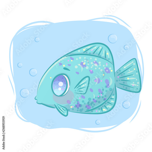 Hand-drawn cute cartoon smiling blue fish swimming with bubbles on a blue background. Cartoon children's vector illustration for the design of postcards, postcards for printing, textiles