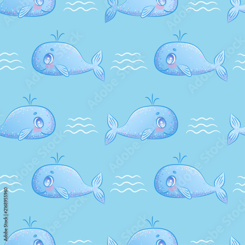Seamless pattern with a cute cartoon blue whale spewing water on a blue background. Vector illustration for the design of postcards, posters, banners, printing, textiles
