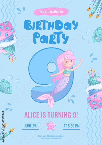 Design a children's birthday invitation with a cute little mermaid and a cake. 9th anniversary party, birthday, celebration, congratulations, invitation concept. Vector illustration.