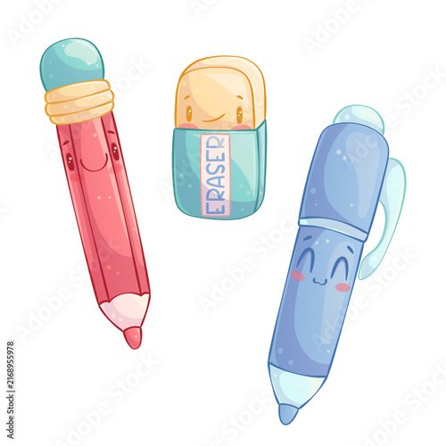 A set of hand-drawn cute cartoon characters of a stationery tool. Pencil, pen, eraser. Isolated on a white background. Cartoon children's vector illustration for the design of posters, textiles