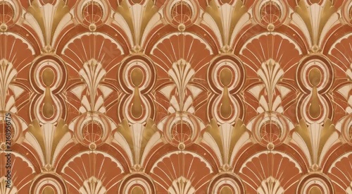 Art Deco repeating fan and shell pattern in terracotta and gold tones, ornate geometric scallops evoking vintage wallpaper and luxury decorative design