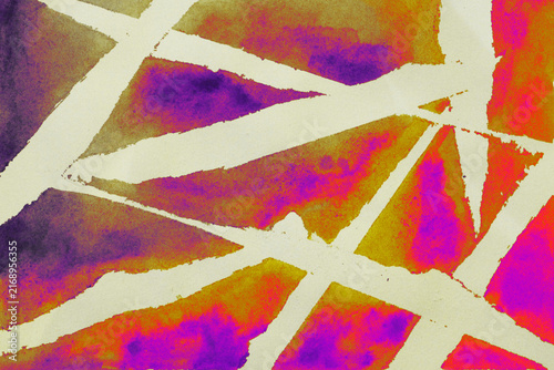 Fotografie Abstract multicolor watercolor texture featuring bold irregular white geometric lines and angular shapes