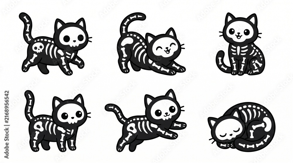 Obraz premium Black Cats in Skeleton Patterns, Cute Halloween Cat Illustrations, Spooky Pet Design Elements