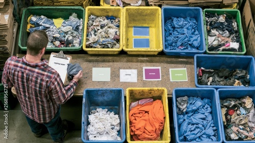Worker sorting textile scraps at recycling center with bins and color labels
