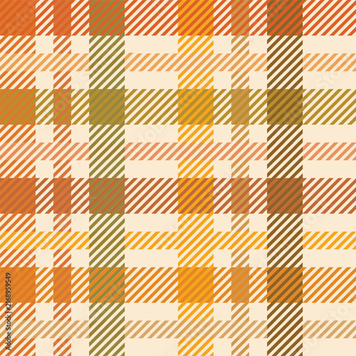 Rustic Autumn Plaid Checkered Seamless Pattern in Warm Earthy Colors. Rustic seamless plaid pattern featuring woven checkered stripes with diagonal hatching in warm orange, mustard, olive green, cream