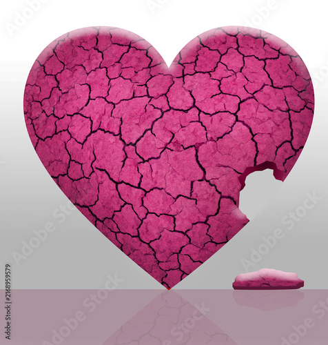 A cracked, textured pink heart rests on a reflective surface with a broken piece lying beside it, symbolizing emotional fragility and loss.