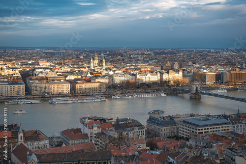 Danube river and the pest side of Budapest with the chain bridge and St Stephen Basilica