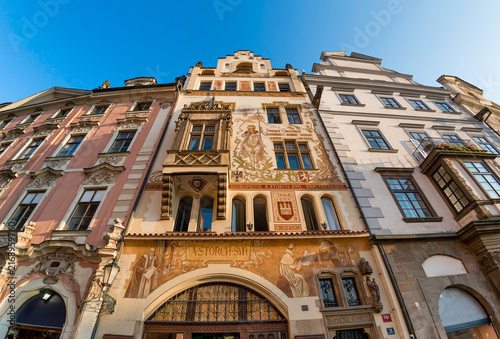 Facade of old buidlings at Town Square. Prague, Czech Republic.