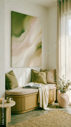 Cozy seating area with abstract art in a modern interior design  
