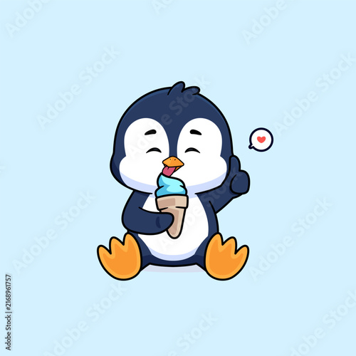 Cute penguin eating ice cream vector icon. Food animal concept mascot logo illustration.