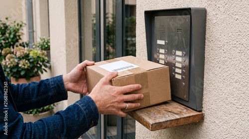 Delivery person placing cardboard parcel on apartment intercom ledge beside entry panel