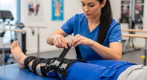 Physical therapist adjusting a knee brace on a patient in a clinical rehabilitation center