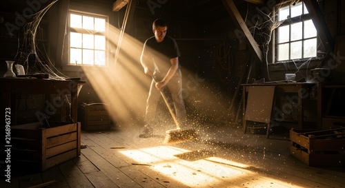 Man sweeping dusty wooden floor in sunlit attic workshop with dramatic light rays