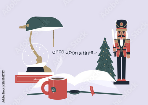 Reading a Christmas storybook, a cozy interior with a green library lamp and a nutcracker, a magical winter holiday atmosphere