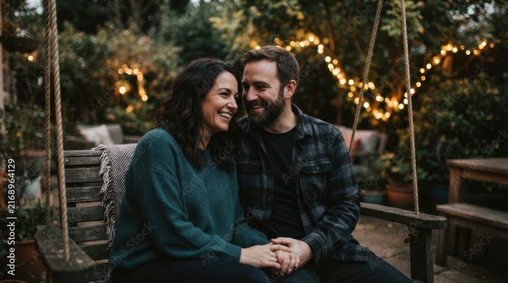 Fototapeta premium Couple Smiling Together in Cozy Outdoor Setting