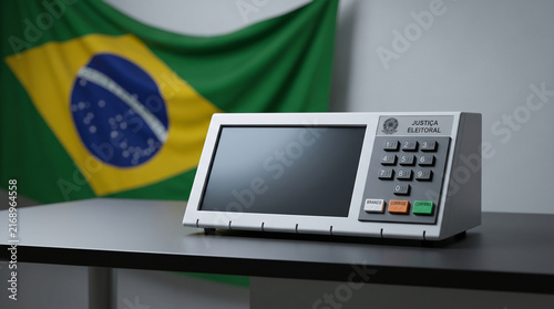 Brazilian voting machine on a gray desk captured in soft direct light horizontally
