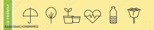 Eco friendly nature and wellness vector icons set with potted plant sprout, water bottle, umbrella protection, tree, healthy heartbeat, and flower symbol