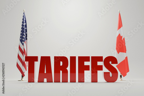 Canvastavla 3D bold red word TARIFFS placed between the US flag and Canadian flag isolated on white background