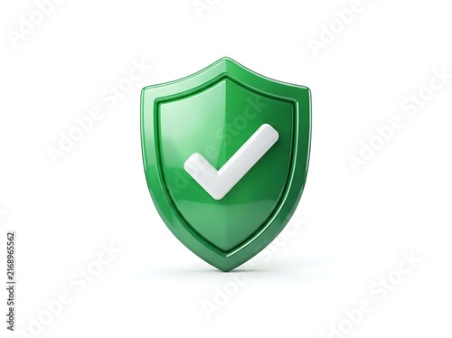 3D glossy green cybersecurity shield emblem isolated on a white backdrop with a white checkmark