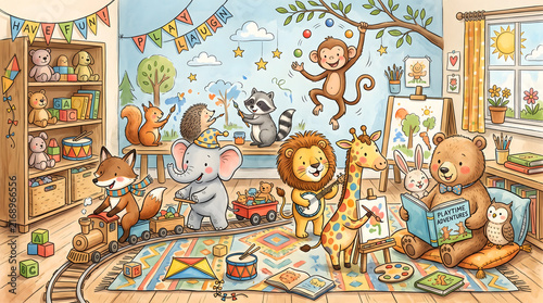 Cute cartoon animals playing together in a joyful playroom watercolor illustration