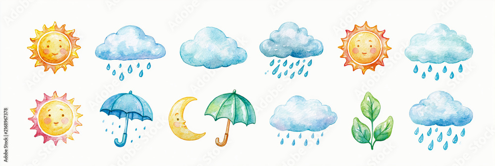 Obraz premium Colorful weather icons featuring sun, clouds, rain, moon, and umbrellas.