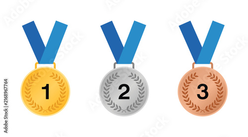 Bild auf Leinwand First Second Third Place Medals: A set of three medals for first, second, and third place, featuring gold, silver, and bronze finishes on blue ribbons
