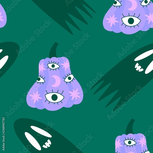 Autumn harvest vegetable seamless monster Halloween pumpkins pattern for wrapping paper and fabrics