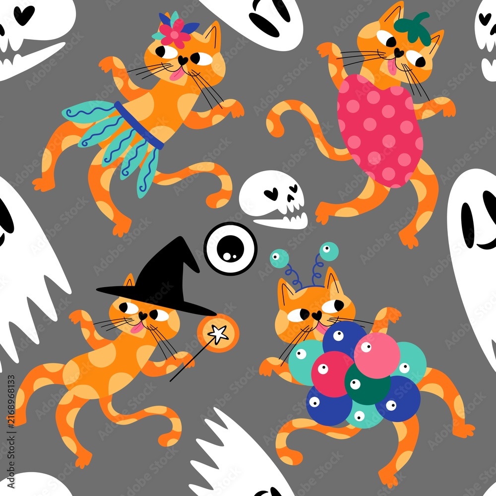 Fototapeta premium Halloween animals seamless cats pattern for wrapping paper and fabrics and linens and kids clothes print
