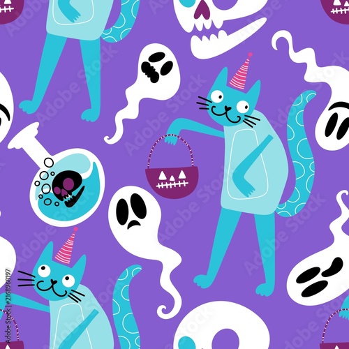 Halloween animals seamless cats pattern for wrapping paper and fabrics and linens and kids clothes print
