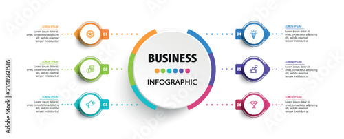 Business infographic vector design template with 6 options, steps or processes. Can be used for workflow layout, diagram, annual report, web design	