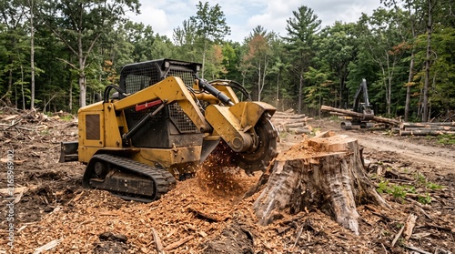 Powerful equipment operates to grind tree stumps in a lush forest environment