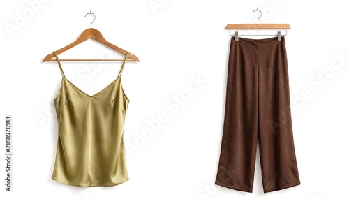 Silk golden olive green camisole and linen wide-leg chocolate brown trousers on wooden clothes hangers isolated on white background