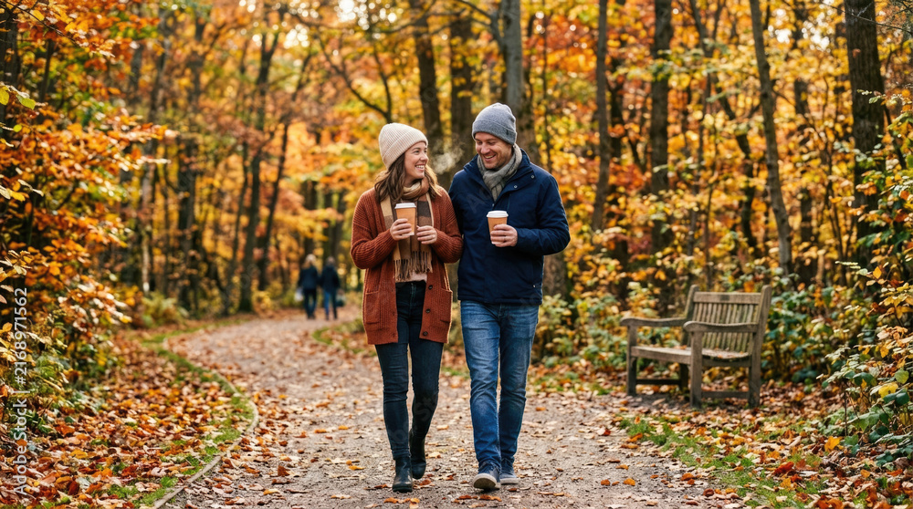 Fototapeta premium Happy Couple Walking with Hot Coffee Through Colorful Autumn Forest Park