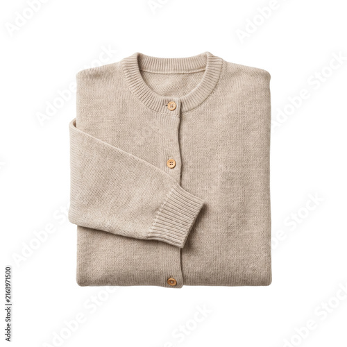 Фотография Cozy beige knitted cardigan with wooden buttons on transparent background
