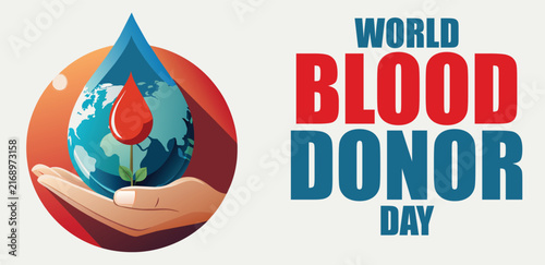 Hand holding a water drop with a red blood symbol illustrates the importance of World Blood Donor Day.