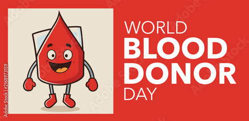 Blood drop character smiles happily to promote awareness for the annual global World Blood Donor Day.