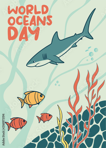 Shark swims through deep blue water alongside tropical fish near a colorful coral reef on World Oceans Day.