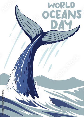 Whale tail emerges from turbulent ocean waves in a stylized graphic for World Oceans Day.